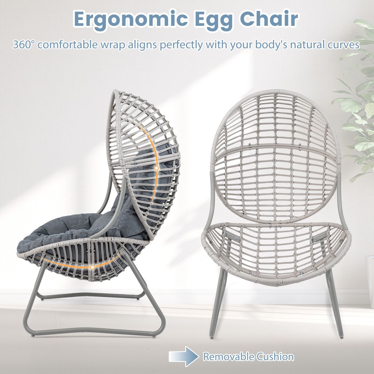 Fauteuil Coast en rotin - design en forme d'œuf - coussins amovibles - gris