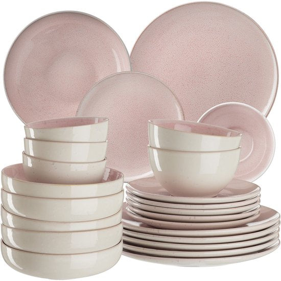 tectake® Service de table Mare - 24 pièces - Grès à émail brillant - Pour 6 personnes - Service de table fait main - Service de table moderne comprenant des grandes et petites assiettes, des bols et des petits plats - Lavable au lave-vaisselle et utilisab