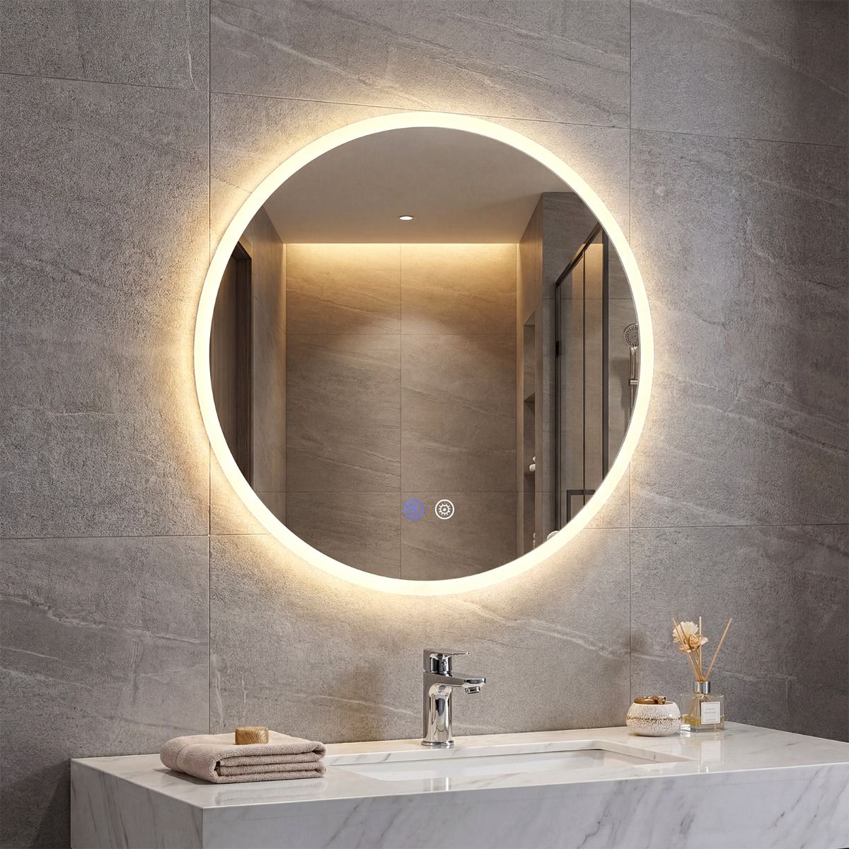 Miroir de salle de bains rond Coast à LED - miroir de maquillage rétroéclairé - 3 couleurs de lumière - 60 cm - argent