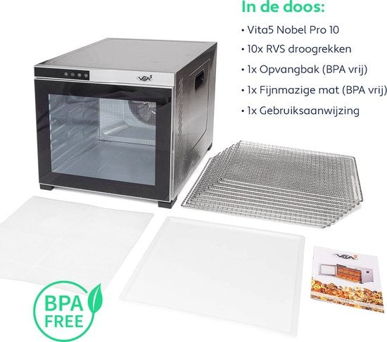 Déshydrateur d'aliments - Vita5 Nobel PRO 10 - Acier inoxydable - Minuterie 24 heures - Panneau de contrôle LED - 10 couches