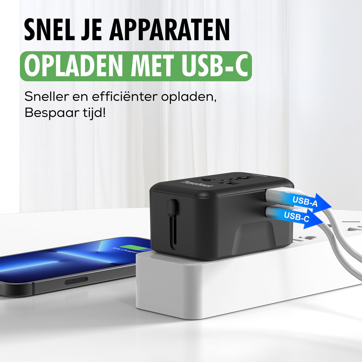 TravelHawk Universal World Plug Noir - Port USB-C et USB - Pour plus de 150 pays - Compact 7,5 x 5 x 3,5 cm