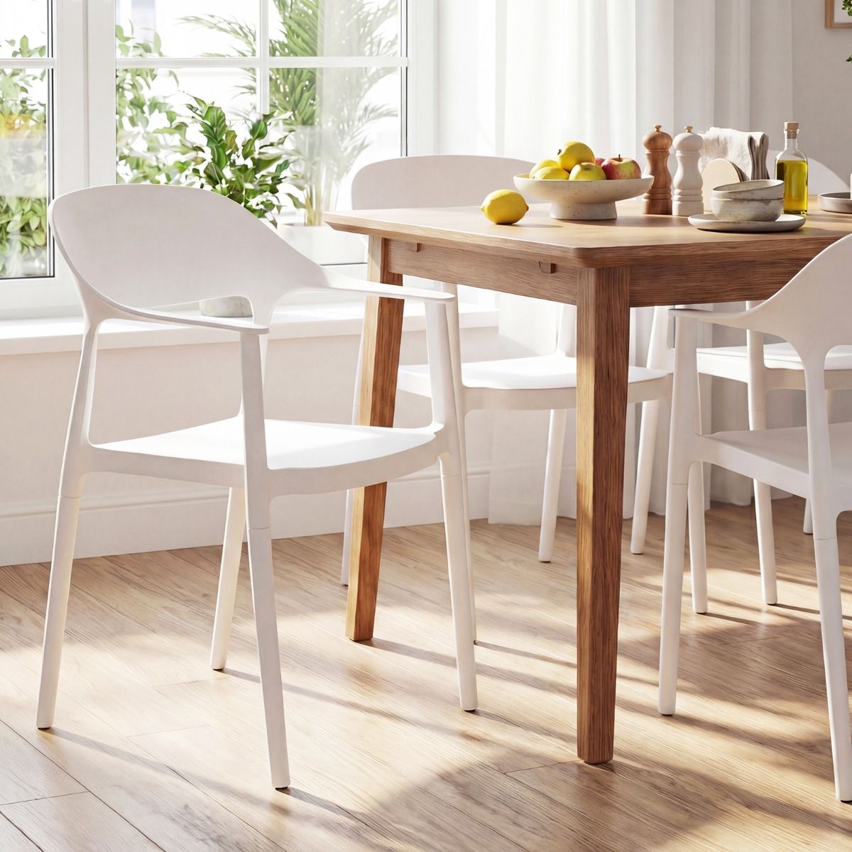 Ensemble Coast de 4 chaises de jardin empilables avec accoudoirs et dossier - Blanc - 57 x 53 x 83 cm