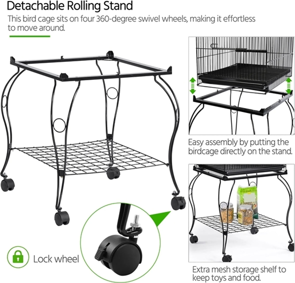 Yaheetech Cage à oiseaux XXL avec base mobile - 59,5 x 59,5 x 145 cm - avec ouverture dans le toit, plaque de fond amovible et étagère de rangement - pour perruches et canaris - métal noir et bois