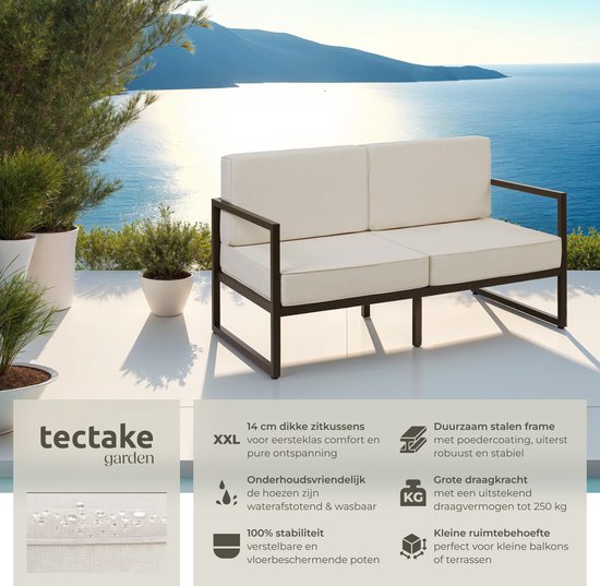 tectake® - Canapé de jardin Comosa - Couchage 2 places - Banc de jardin - Canapé de jardin 2 places - Coussins d'assise et de dossier déperlants et ultra-épais - Capacité 125kg par place - Marron/beige