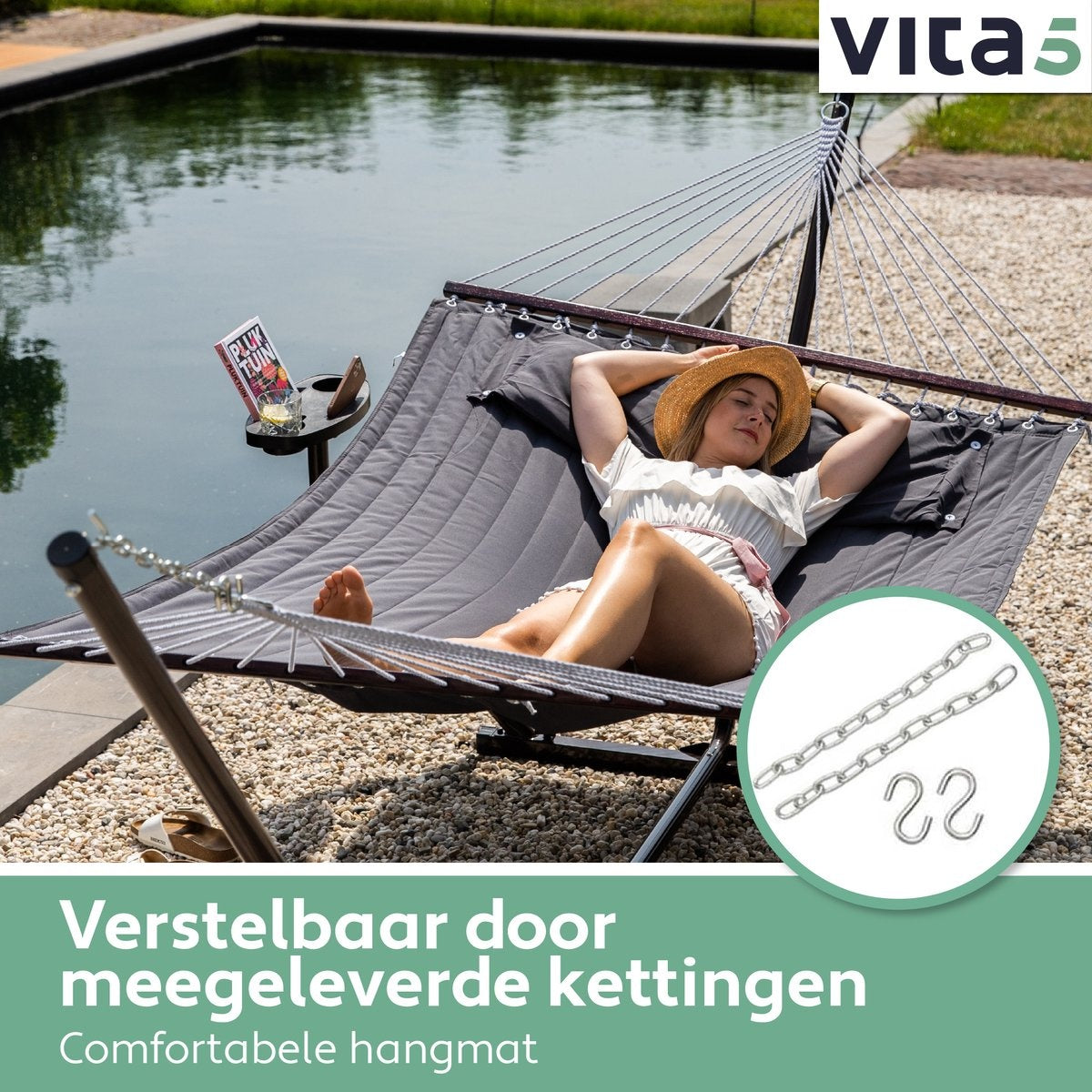 Hamac Vita5 avec support et poteau de déploiement - 2 personnes - avec porte-gobelet - coussin amovible - résistant aux UV - gris foncé