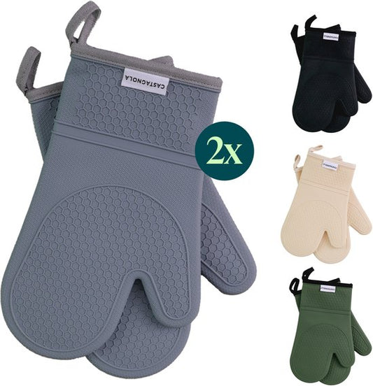 Gants de four Castagnola - Sur-gants résistants à la chaleur - Gants de four en silicone - Résistants à la chaleur jusqu'à 250°C - Certifiés EN407 - Coton - Gris