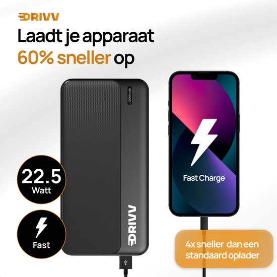 Drivv. Powerbank 10 000 mAh - Chargeur rapide 22,5W - Charge rapide USB 3.0 - USB C - Convient à Samsung / iPhone / autres - Noir