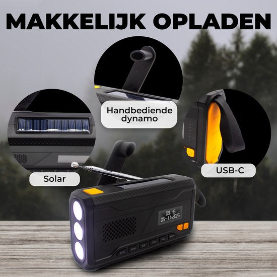 Denver Radio d'urgence - Banque d'énergie solaire - Radio DAB & FM - Kit d'urgence - Lampe de poche - Wind-up - SOS Light - Banque d'énergie solaire - SCD2033