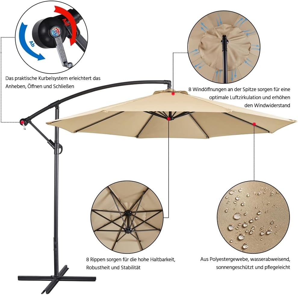 Parasol suspendu Yaheetech 300 cm - Octogonal - Polyester - Avec balancier et pied en croix