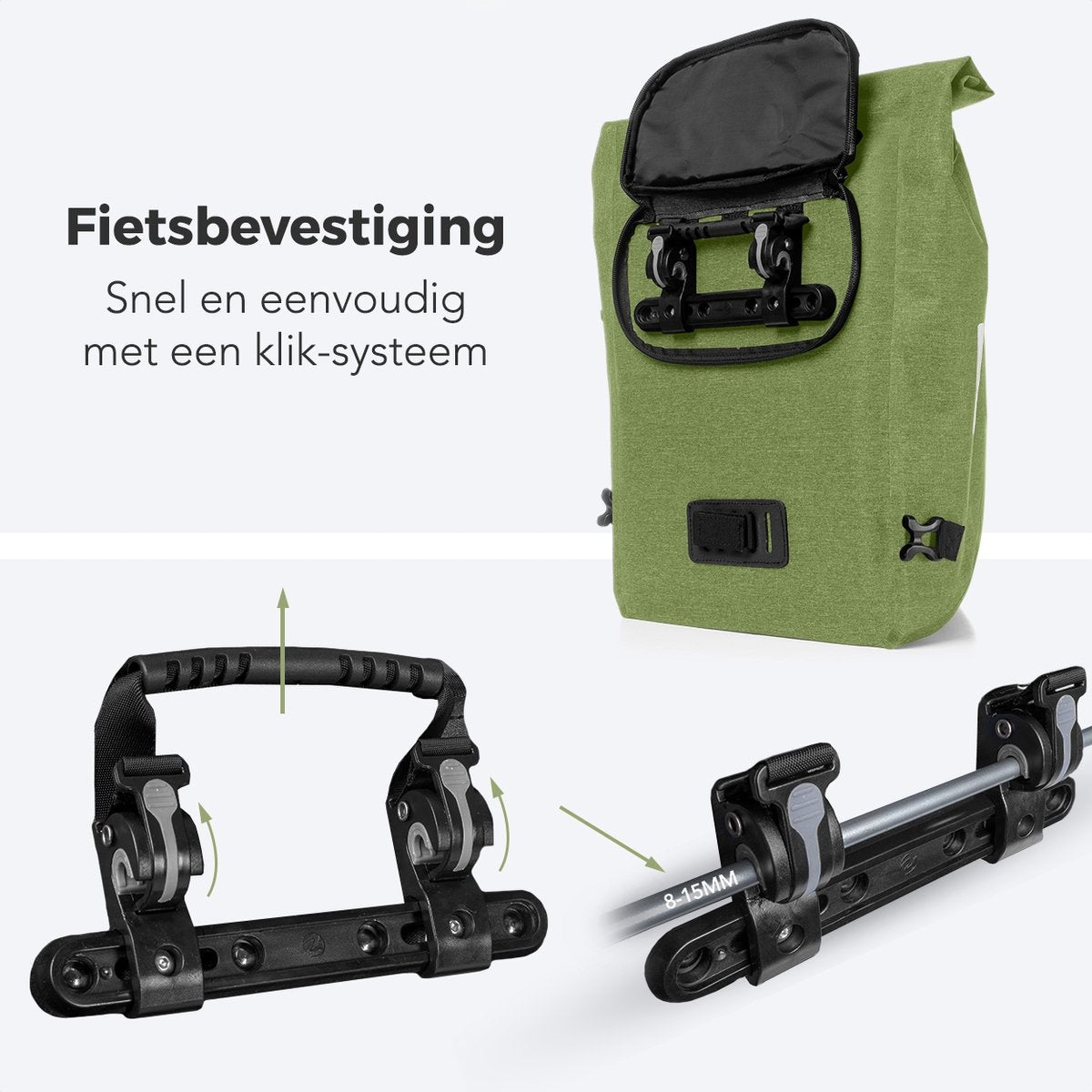LifeGoods Single Bicycle Bag - Compact - Sac à bandoulière et sac à dos - 25L - Porte-bagages ronds - Imperméable - Vert olive
