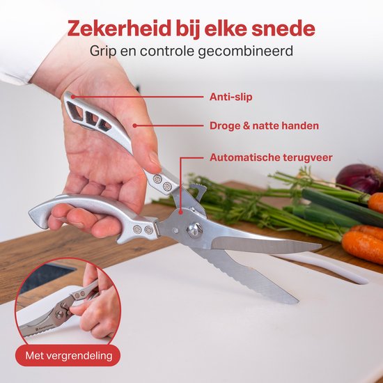 AoraKitchen Ciseaux à viande - Ciseaux de cuisine en acier inoxydable - pour la viande, le poisson, le poulet et les os - Ciseaux à herbes - Lavable au lave-vaisselle - Couvercle inclus