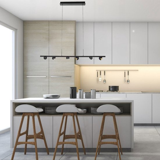 Suspension noire Marcadore, 120 cm de large, 6 lampes avec réflecteurs orientables, réglable en hauteur, de la marque Steinhauer, en plastique et métal, style rétro moderne, pour usage intérieur