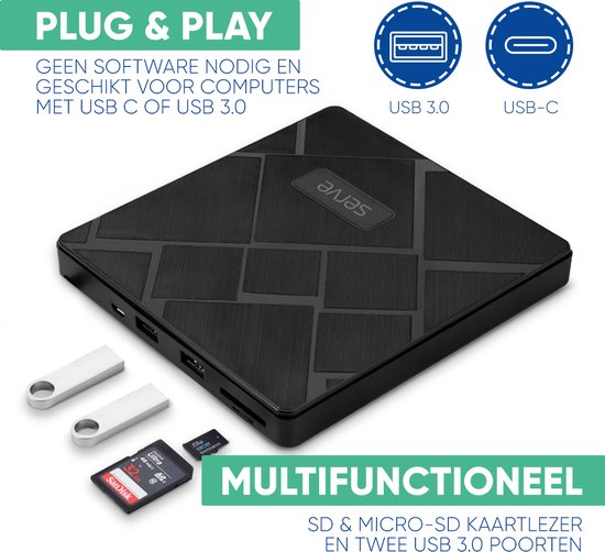 Serve 4-in-1 Lecteur et graveur externe de CD / DVD pour PC, ordinateur portable et Mac iOS - Plug & Play - Fente pour carte SD et Micro SD + Hub USB