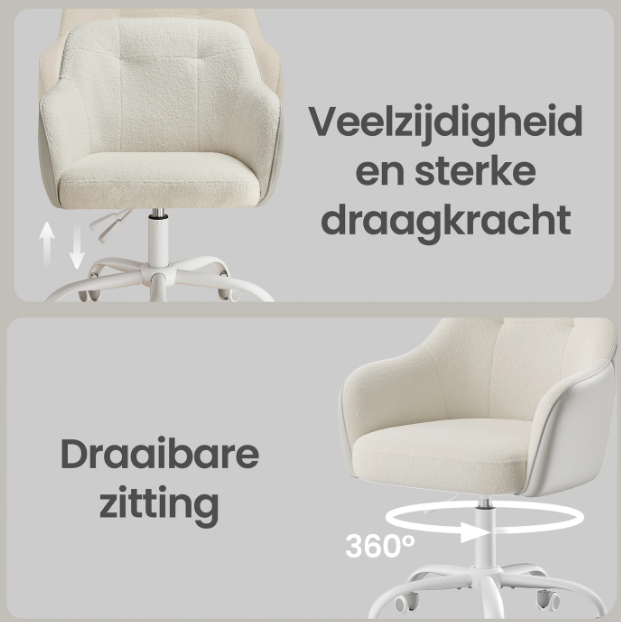 Chaise de bureau Ochama Sherpa en tissu - Beige cappuccino - Hauteur réglable de 78 à 88 cm