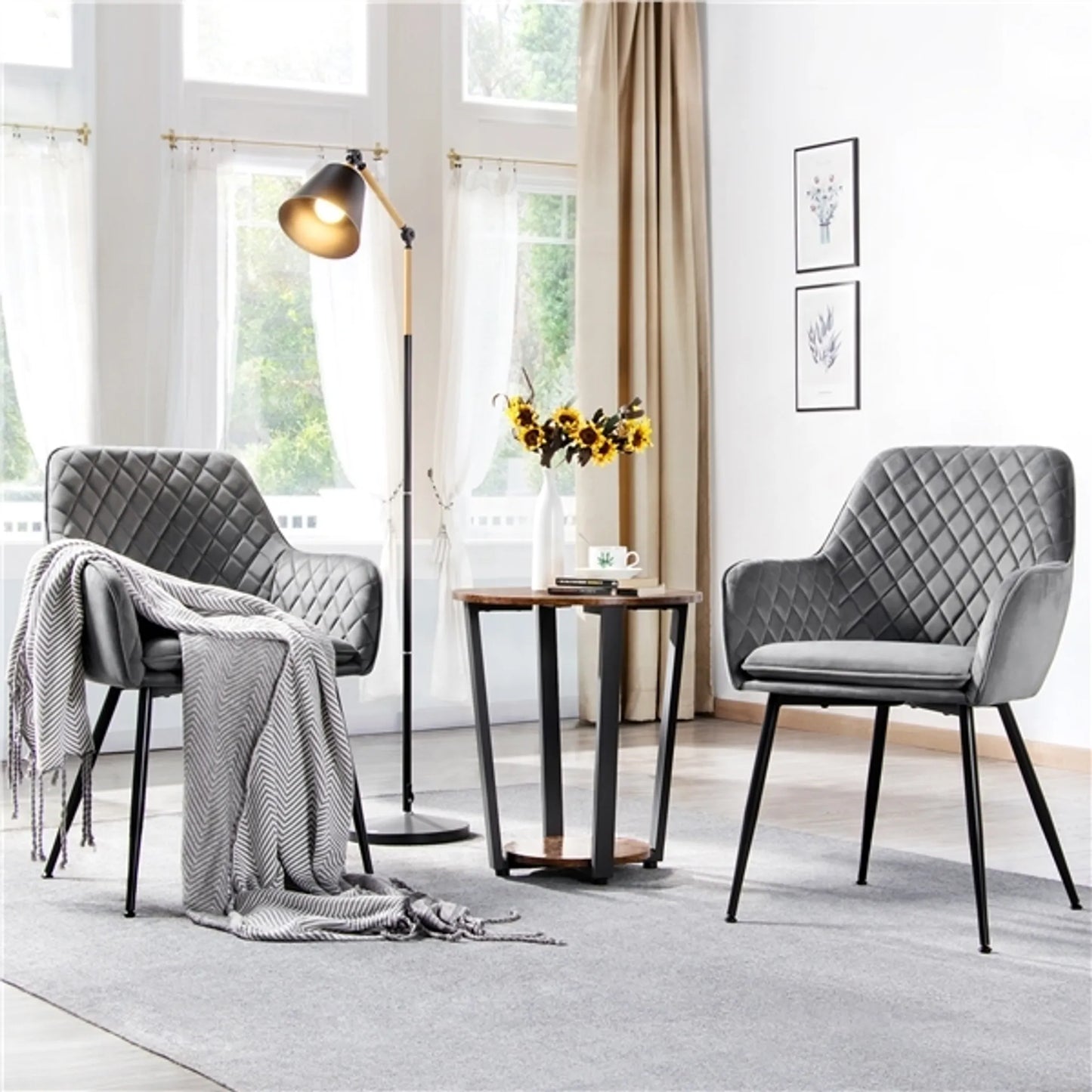 Yaheetech Lot de 2 chaises de salle à manger - Gris clair - Velours - Avec accoudoirs - 120 kg - 57,5 x 58 x 86,5 cm