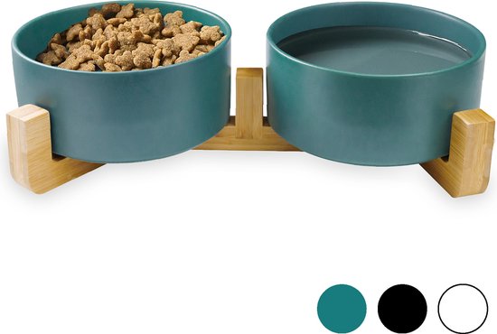 Gamelle pour chien - Bol à boire - Avec support en bambou - 2x 800 ml - Taille M - Vert Mat