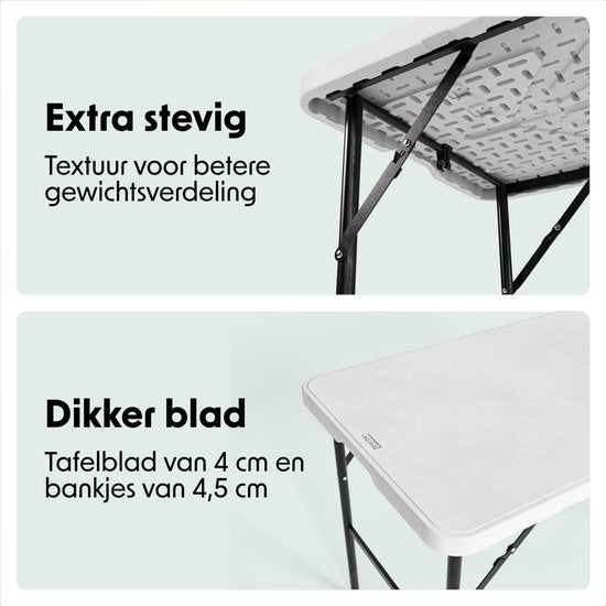 LifeGoods Set de pique-nique pliable - 124cm x 61.5cm - Table de jardin avec 2 bancs - Résistant aux intempéries - Table de camping - Table de bière pliable - Pour l'intérieur et l'extérieur - Pour 4 à 6 personnes - Blanc