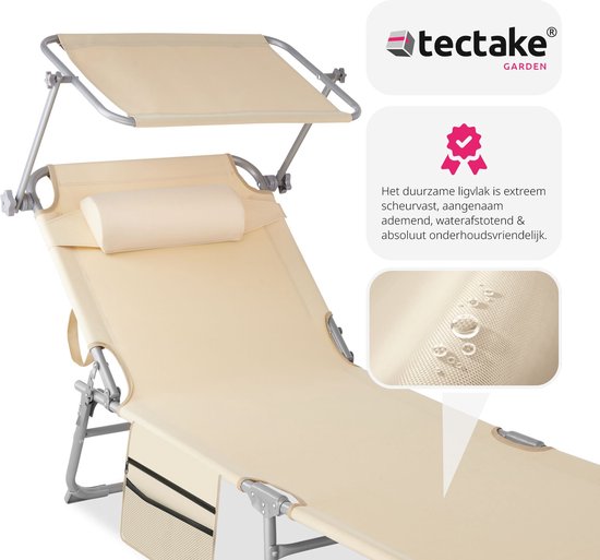 tectake® - bain de soleil bain de soleil - 4 positions, pliable - beige - 68 x 190 x 28 cm, avec poche latérale
