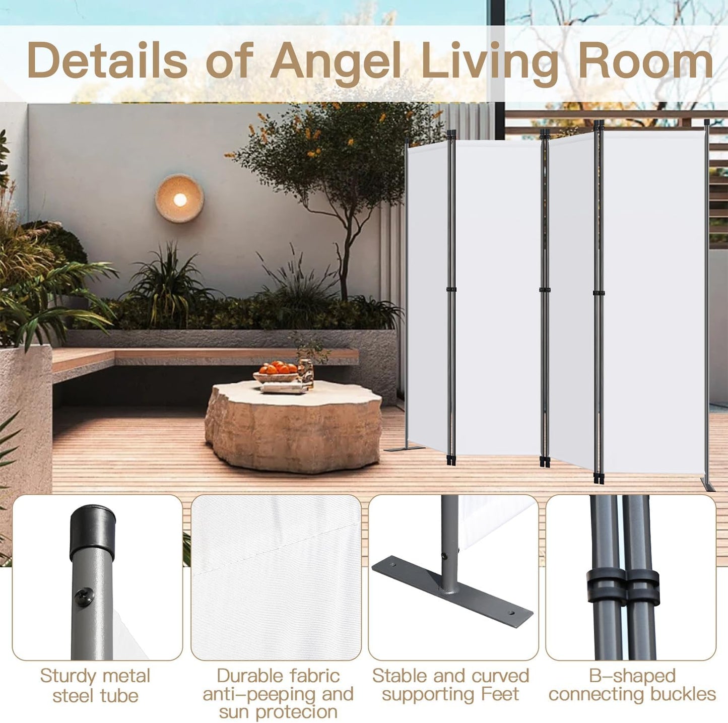 Angel Living Paravent de chambre - 4 pièces - 224x165 cm - Pliable - Acier et polyester - Autoportant - Séparation de pièces et intimité - Blanc