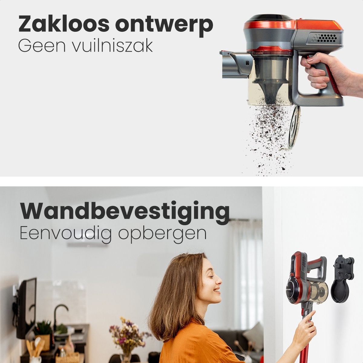 Aspirateur Sans fil - Auronic - Sans sac - 4-en-1 - Alimenté par batterie - 160W - Rouge/Gris