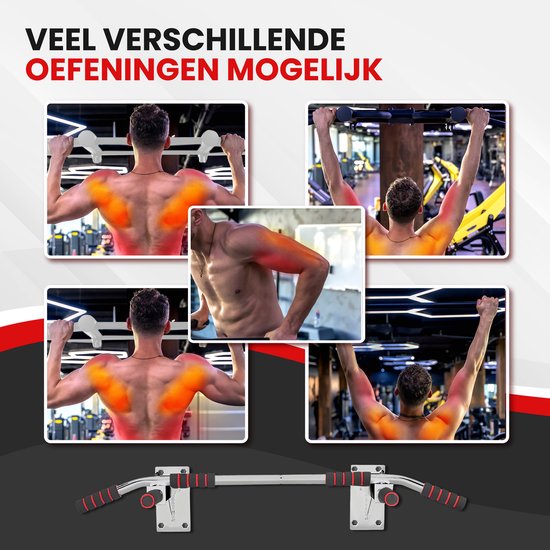 TTD® Premium Pull Up Bar - Pull Up Station - Wall Mount Pull Up Bar - Dip Station - Dip Bars - Home Sports - Home Fitness - Premium materials - Extra sturdy mounting parts - Home workout - White/Red