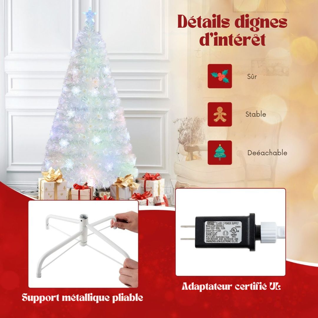 Arbre de Noël artificiel - Coast - 120 cm - avec fibre de verre, feuilles irisées et lumières LED multicolores en forme de flocons de neige - Blanc
