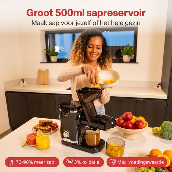 AoraKitchen Slowjuicer - avec fonction Reverse - Extracteur de jus - 500 ML - presse-agrumes - pour légumes et fruits - Fruit Press - Noir
