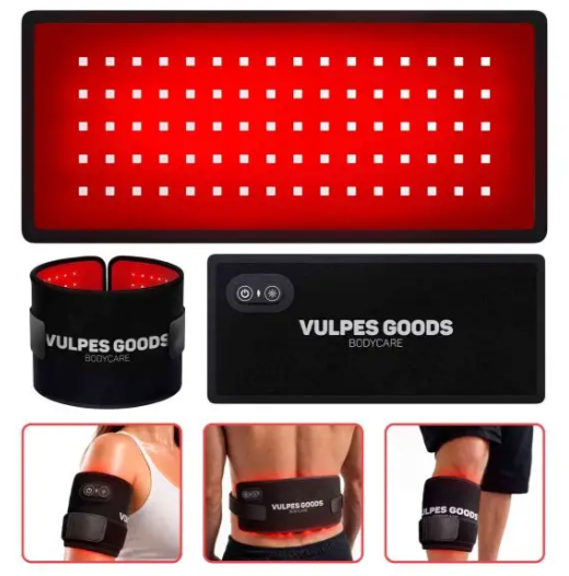 Vulpes Goods® - Bande infrarouge portable Pro V2 - 35 x 15 cm - 80 LED, 3 niveaux de gradation, batterie rechargeable 2000mAh et minuterie - Pour le dos, les épaules et les bras - Plastique et textile noir