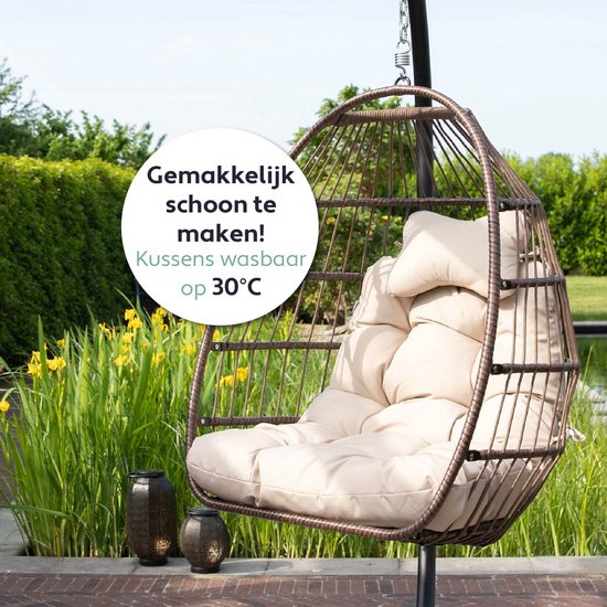 Vita5 Chaise Suspendue Œuf – Pour Intérieur et Extérieur – jusqu'à 150 kg – Pliable - Incl. Support & Coussin – Chaise Cocoon - Blanc Crème