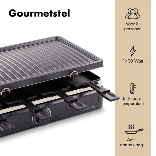 Studio Linea SLGRILL30BK Set Gourmet - 8 personnes - 1400 W - Poêles et plaque Gourmet avec revêtement antiadhésif - Raclette