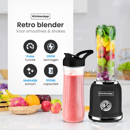 KitchenApp Blender to go - Mixeur rétro - Smoothie maker - Comprend deux tasses et de nombreux accessoires - Noir