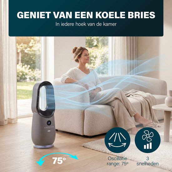 Ventilateur colonne sans pales Princess - 60 W – Ventilateur sans pales puissant et silencieux avec télécommande, minuterie et écran LED – Oscillation à 75° – 3 vitesses – 351582