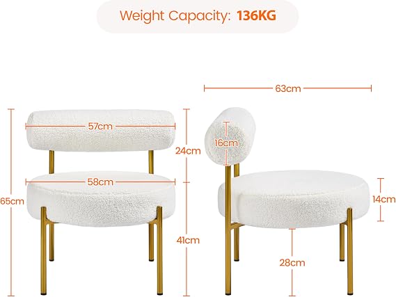 Fauteuil Bouclé Yaheetech - Fauteuil rembourré - Assise de Ø 58 cm - Pieds en métal