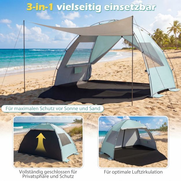 Coast Strandtent 260 × 150 × 160 cm – Abri de plage avec auvent, protection UV UPF 50+, fenêtres en filet et sac de transport – Vert