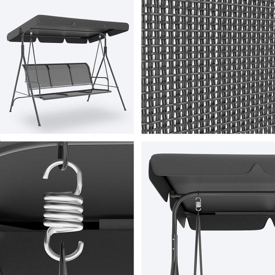 Balançoire LifeGoods - 3 places - jusqu'à 250KG - Toit inclinable - Parasol résistant aux UV - 172x104x162cm - Gris