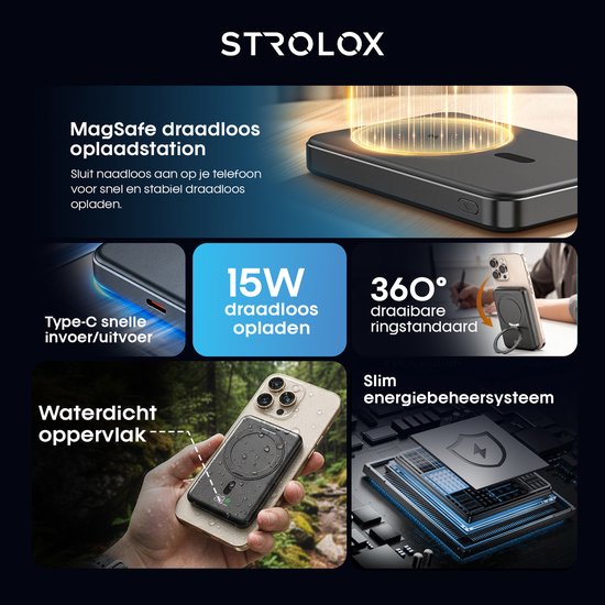 Batterie externe Strolox - 12 000 mAh - Compatible avec le système MagSafe - Batteries externes sans fil - Chargeur rapide - Kit d'urgence - Avec support