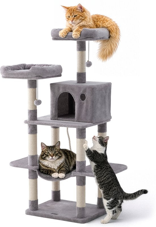 Jake et Jacky : Arbre à chat - Arbre à chat - Meuble à griffer - Arbre à chat - Arbres à chat - Maison pour chat - Gris clair - 147 cm de haut
