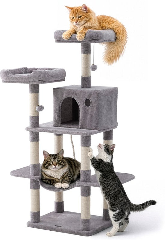 Jake et Jacky : Arbre à chat - Arbre à chat - Meuble à griffer - Arbre à chat - Arbres à chat - Maison pour chat - Gris clair - 147 cm de haut