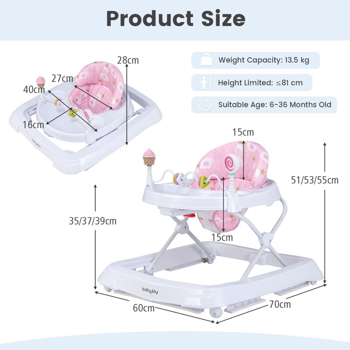Aide à la marche pour bébés Coast - réglable - coussin d'assise amovible - Rose