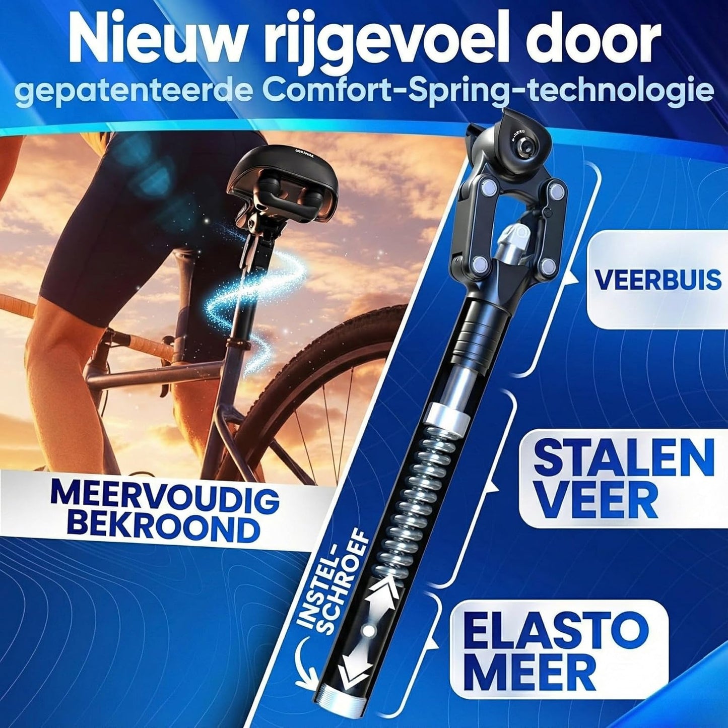 Tige de selle à ressort Nextcover - Comfort-Spring - Tension du ressort réglable - Pour vélos électriques et vélos classiques
