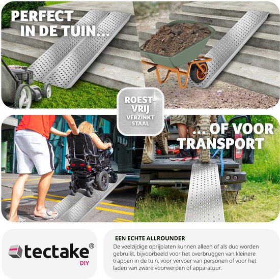 tectake® 2x Rampes d'accès - Jeu de 2 rampes d'accès en acier avec capacité de charge jusqu'à 400 kg - Antidérapantes et perforées - Rampe d'accès pour voiture, remorque, moto, tondeuse, fauteuil roulant, vélo (160 cm)