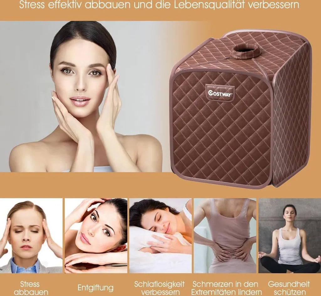 Sauna à vapeur Coast Mini 2 litres - Sauna d'intérieur pliable avec télécommande, minuterie, 9 réglages de température et siège - Marron