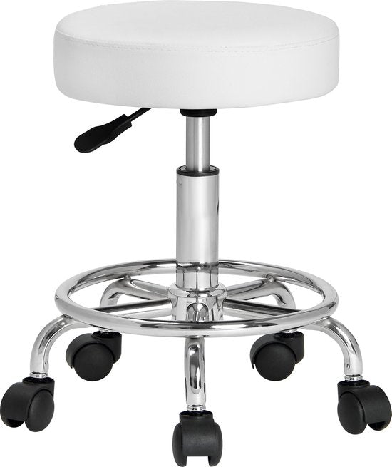 Tabouret roulant - Réglable en hauteur et rotatif à 360°C - Hauteur d'assise 51-65cm Blanc