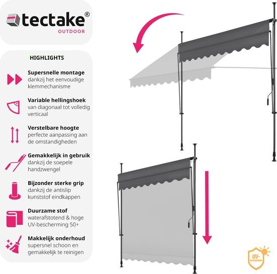 tectake - store à pinces - parasol - store - réglable - store à pinces - parasol balcon - 250 x 120 cm - noir gris - store - 404962