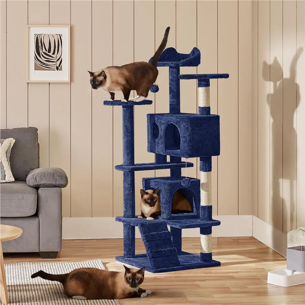 Arbre à chat Yaheetech 49 x 49 x 139 cm - Bleu marine - Arbre à chat avec 3 plateformes et 2 niches