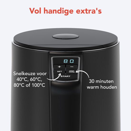 KitchenBrothers Bouilloire - Électrique - 1,5L - 2200W - Contrôle de température réglable - Double paroi - Bouilloire en acier inoxydable - Noir