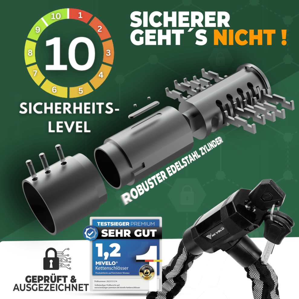 MIVELO Cadenas pour vélos - Avec serrure à clé et LED - 100 CM - acier inoxydable