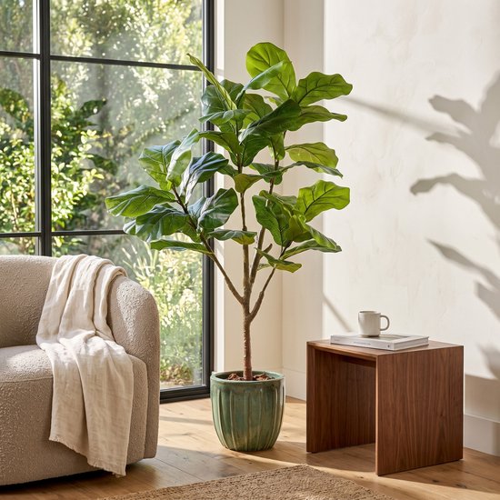 Mica Decorations Ficus Lyrata Plante artificielle - Plante d'intérieur en plastique dans un pot noir - Résistante à l'eau et aux UV, pour l'intérieur et l'extérieur - Décoration botanique sans entretien - H 150 x Ø 50 cm - Vert