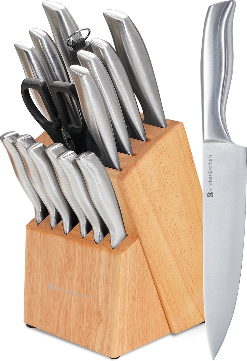 KitchenBrothers Set de couteaux - Bloc de couteaux - 16 pièces - avec ciseaux et acier d'affûtage - Bois de caoutchouc