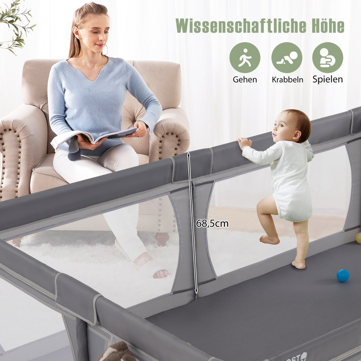 Coast Parc pour bébé avec 50 balles, 2 portes et filet respirant Gris foncé